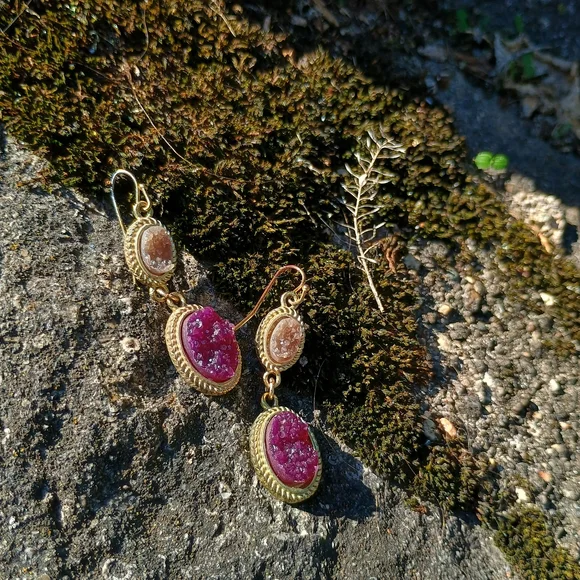 GORGEOUS maroon and mocha, faux druzy double drop earrings, whimsy gothic, boho - Picture 2 of 10